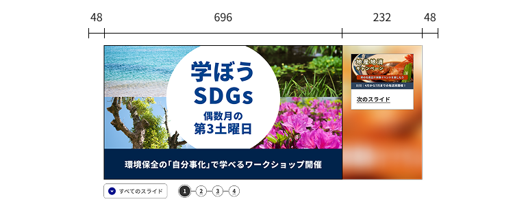 スクリーンショット：1024幅を想定して画像を作成したカルーセルの例。px値の記載があり、左右余白が48、メインエリアが696、ネクストエリアが232となっている。メインエリアには、海・草花・木といった組写真を背景に、学ぼうSDGs 偶数月の第3土曜日 環境保全の「自分事化」で学べるワークショップ開催 という記載があるスライドが入っている。右隣のネクストボタンには、魚の煮付けの写真を背景に、地産地消キャンペーンと書かれたスライドの縮小画像が入っている。また、その画像に対してブラーが掛かったものがネクストエリアの背景に敷かれている。