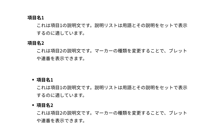 スクリーンショット：説明リストの2つのパターンが縦に並んでいる。上はマーカーなしで、下はビュレットのマーカーが付いている。どちらも、太字の項目名とその説明文のペアが2組連なっている。