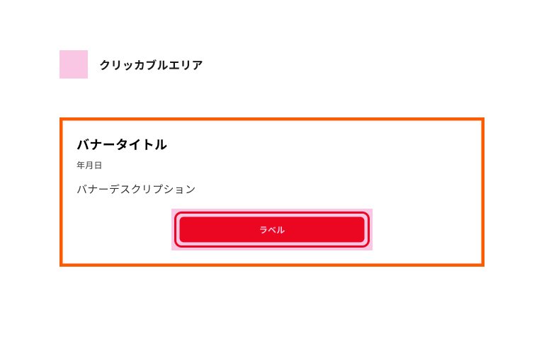 スクリーンショット：緊急時バナーのクリッカブルエリアを表した図。アクションボタンがクリッカブルエリアを示すピンク色の矩形で覆われている。