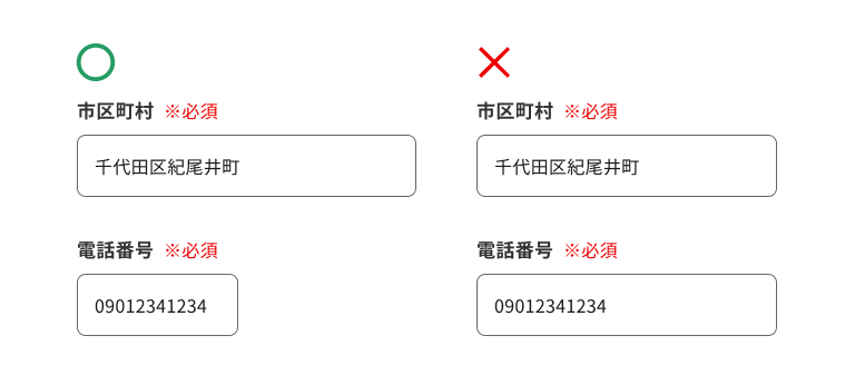 スクリーンショット:インプットテキストを構成する各パーツに、それぞれ①②③④⑤の番号を割り付けている。①は入力フィールド。②は項目ラベル。最上部に左寄せで配置。③は要否ラベル。項目ラベルの横に配置。④はサポートテキスト。項目ラベルと選択肢の間に配置。⑤はエラーテキスト。最下部に配置。