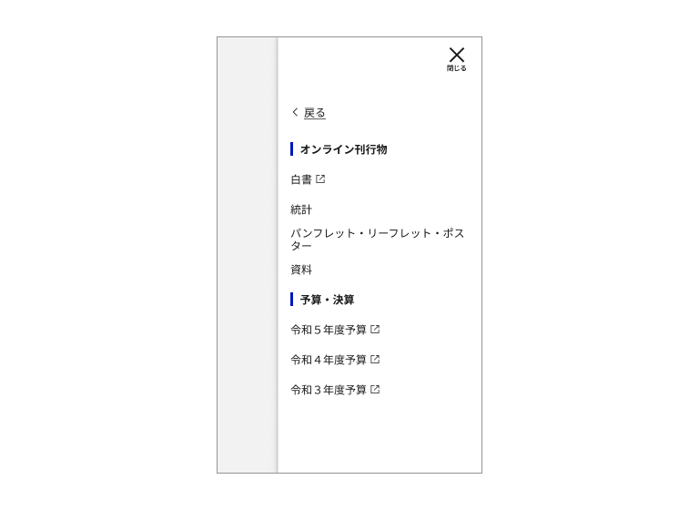スクリーンショット：モバイルメニューの右タイプ L2の例。L1に戻るボタンが配置されている。