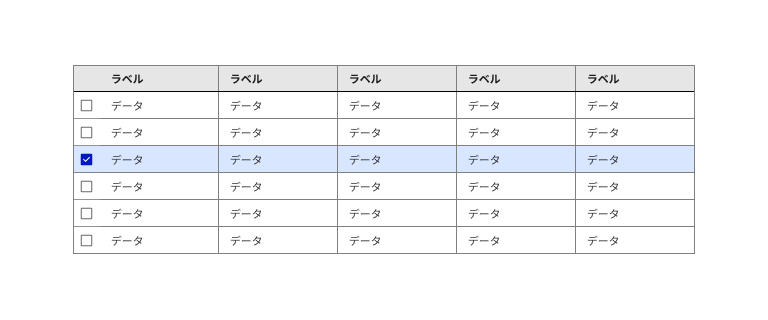 スクリーンショット:各行の先頭にチェックボックスの配置されたテーブル。チェックいる行は、行全体が薄い青色でハイライトされている。