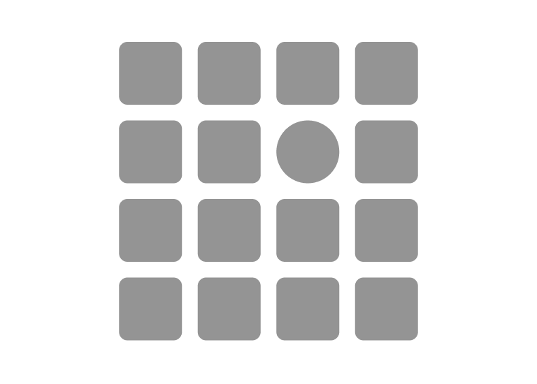 スクリーンショット：角の形状の違いによる強調の例。同じサイズの図形が縦横4個ずつの計16個並んでいる。その中の2行目3列目の図形だけは角丸フルを使った円の見た目になっており、それ以外はすべて角丸なしの正方形。
