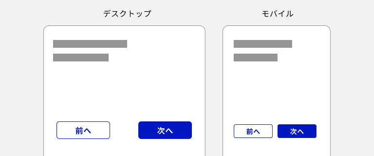 スクリーンショット：プライマリーが塗りボタン、セカンダリーがアウトラインボタンの組み合わせで使用した例。デスクトップデバイス、モバイルデバイスの両方の画面内にプライマリーの「次へ」ボタンが右端に、セカンダリーの「前へ」ボタンが左端にレイアウトされている。