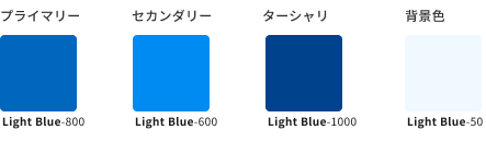 スクリーンショット：ライトブルー（Light Blue）のキーカラーの例を示すカラーチップ。プライマリーカラー、セカンダリーカラー、ターシャリカラー、および背景色で、明るさによる違いをもつ。