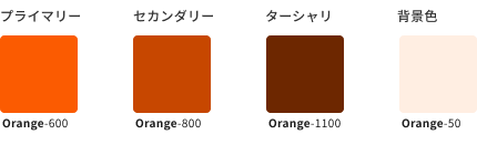 スクリーンショット：オレンジ（Orange）のキーカラーの例を示すカラーチップ。プライマリーカラー、セカンダリーカラー、ターシャリカラー、および背景色で、明るさによる違いをもつ。